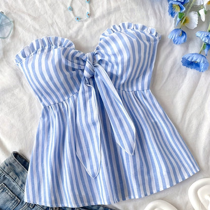 Damen Bandeau-Top mit Schleifen-Detail und Streifen – Stylisches, schulterfreies Oberteil für Freizeit und Ausgehen
