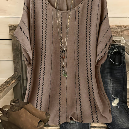 Damen Boho Tunika mit Muster und Kurzarm – Lässige Oversize Bluse im Ethno-Stil