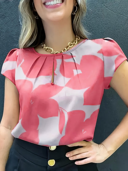 Damen Bluse mit abstraktem Muster und Falten-Detail – Elegante Sommer-Office-Mode