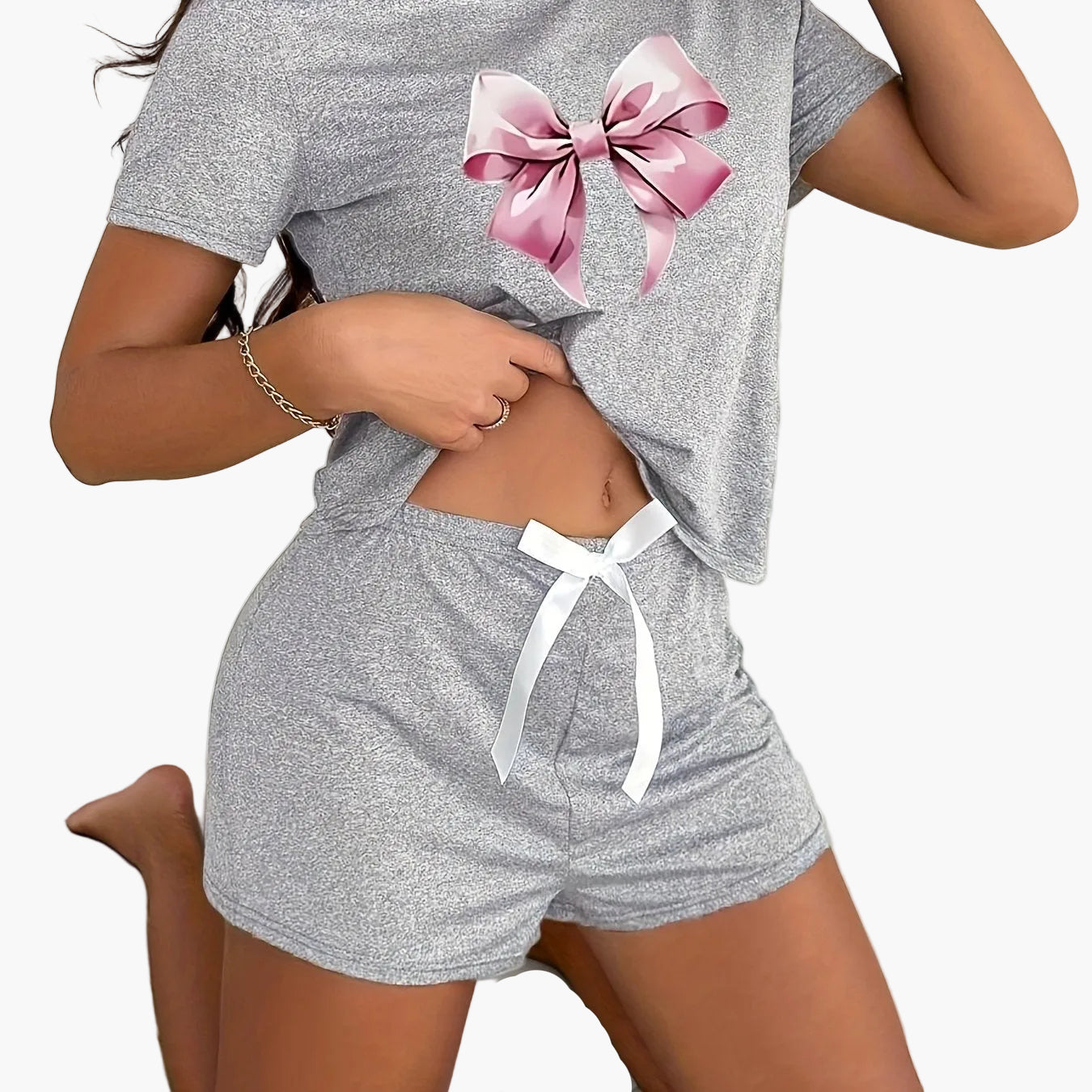 Damen Pyjama-Set mit Schleifen-Print – Kurzarm Shirt und Shorts, Stilvoll & Bequem für Zuhause