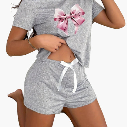 Damen Pyjama-Set mit Schleifen-Print – Kurzarm Shirt und Shorts, Stilvoll & Bequem für Zuhause