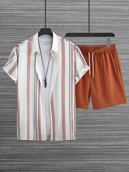 Herren Freizeit Set – Gestreiftes Kurzarmhemd mit T-Shirt und Shorts, Sommer Outfit für Alltag und Urlaub