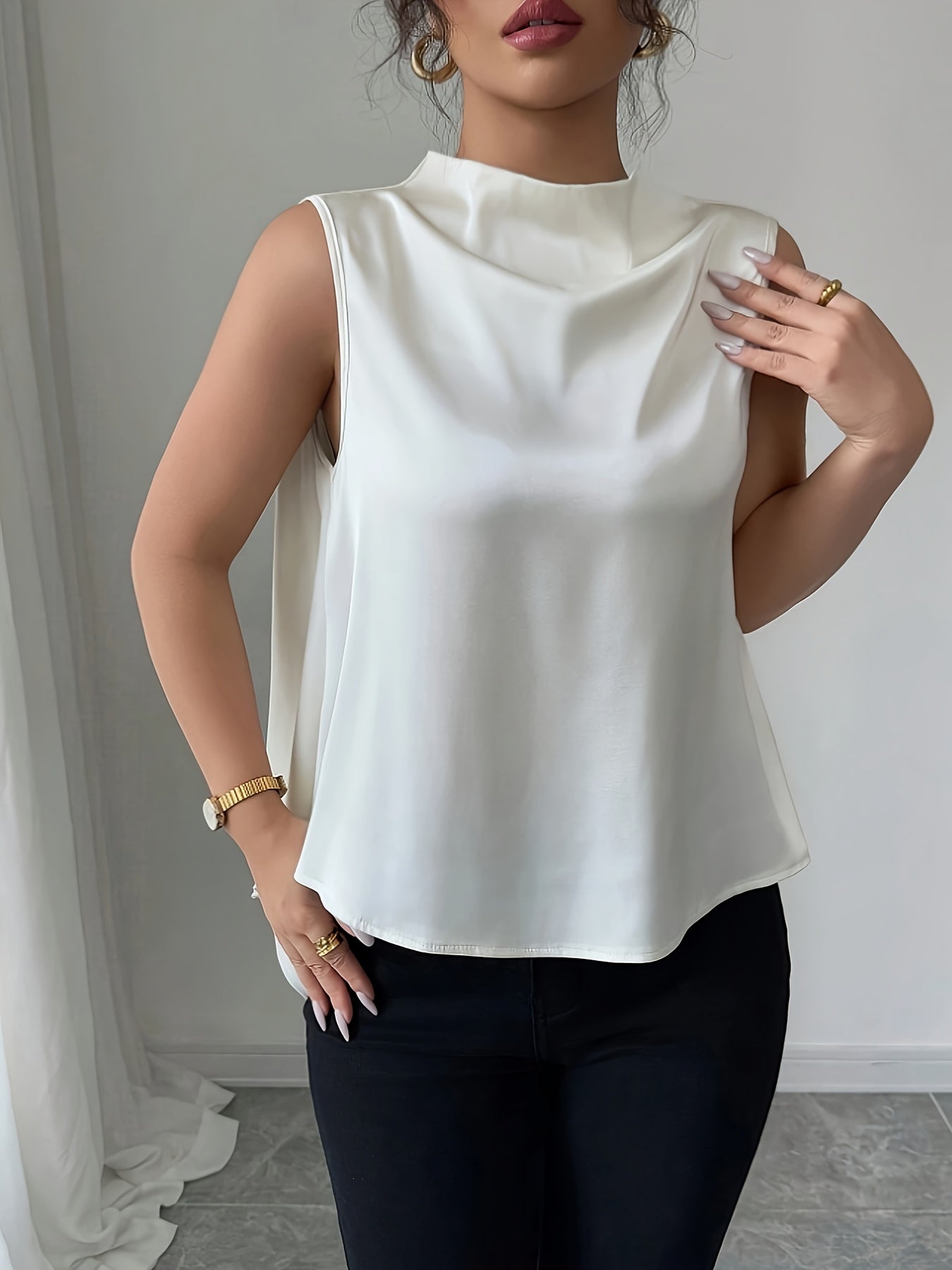 Damen Elegante Ärmellose Bluse mit Stehkragen und fließendem Schnitt – Perfekt für Büro und Abend