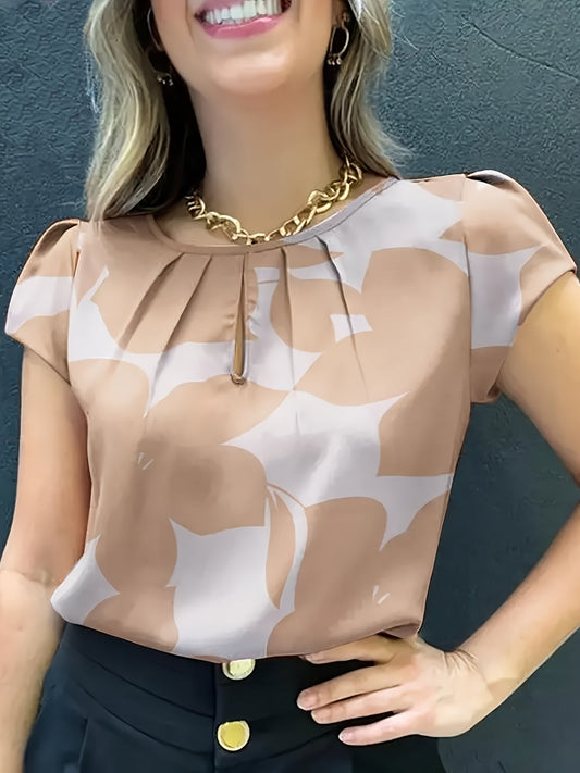 Damen Bluse mit abstraktem Muster und Falten-Detail – Elegante Sommer-Office-Mode