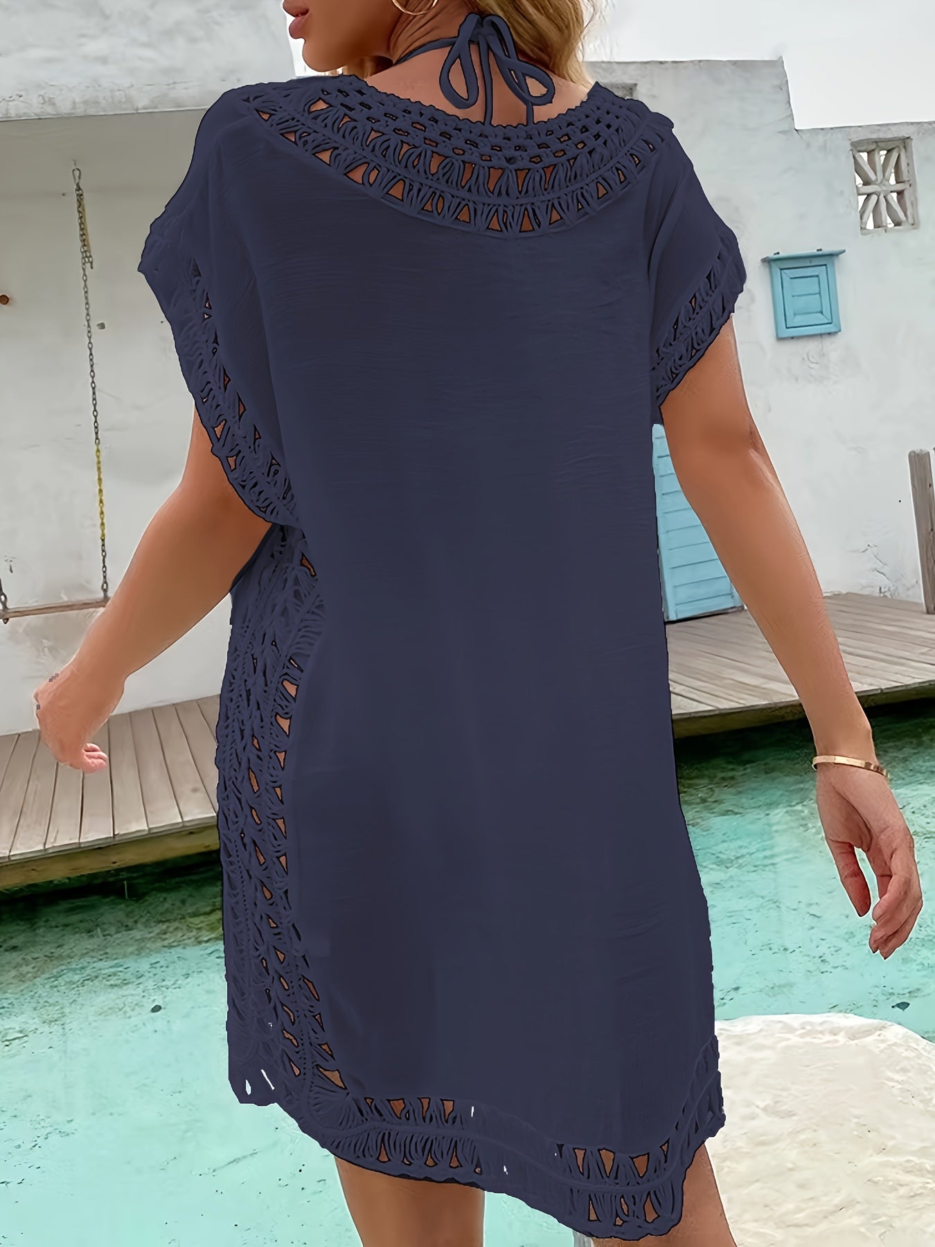 Damen Strand Tunika mit Häkel-Details – Eleganter Badeponcho für den Urlaub
