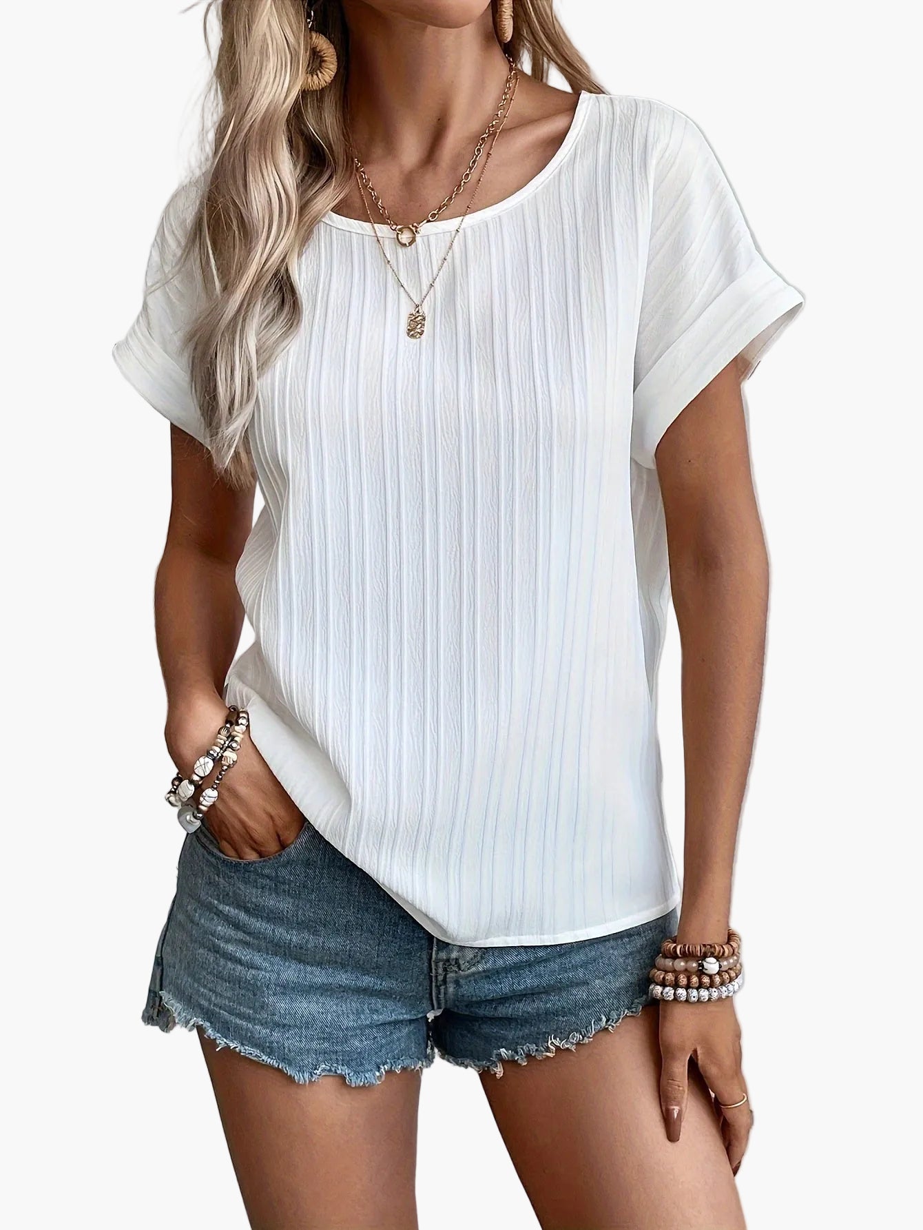 Damen Sommer Casual Bluse mit Rundhalsausschnitt – Elegantes, luftiges Top für Alltag und Freizeit