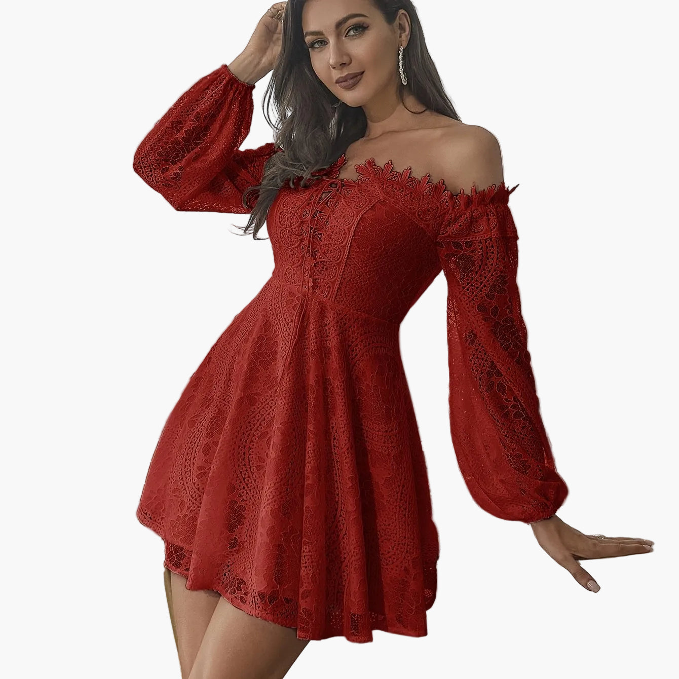 Damen Off-Shoulder Spitzenkleid Elegant Ausgeh-Look Festlich