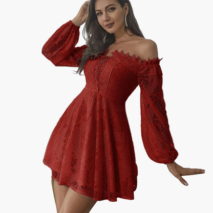 Damen Off-Shoulder Spitzenkleid Elegant Ausgeh-Look Festlich