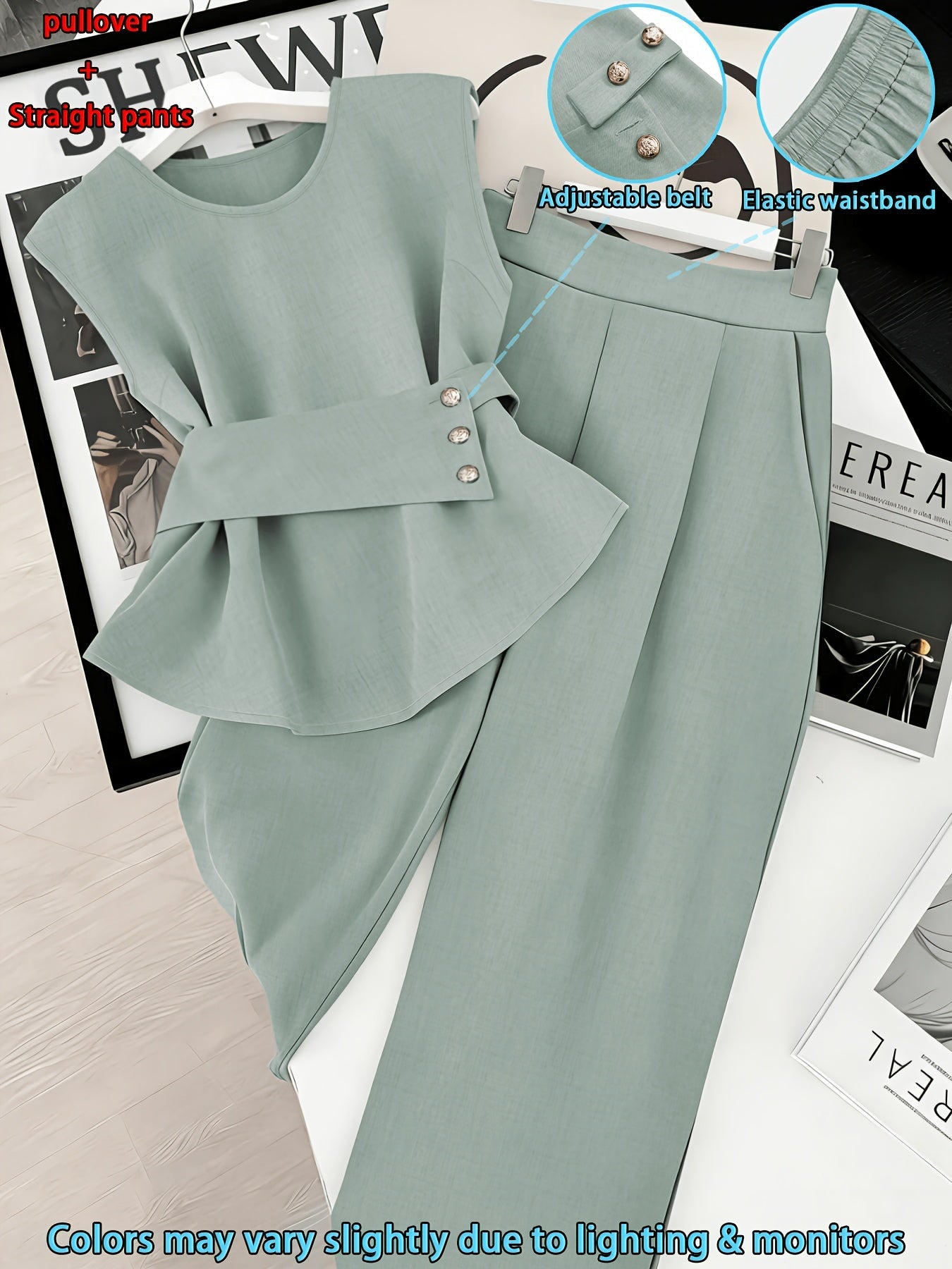 Damen Zweiteiler Set Elegant – Pullover mit Gürtel & Gerade Hose, Modernes Business Outfit