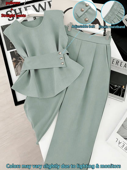 Damen Zweiteiler Set Elegant – Pullover mit Gürtel & Gerade Hose, Modernes Business Outfit