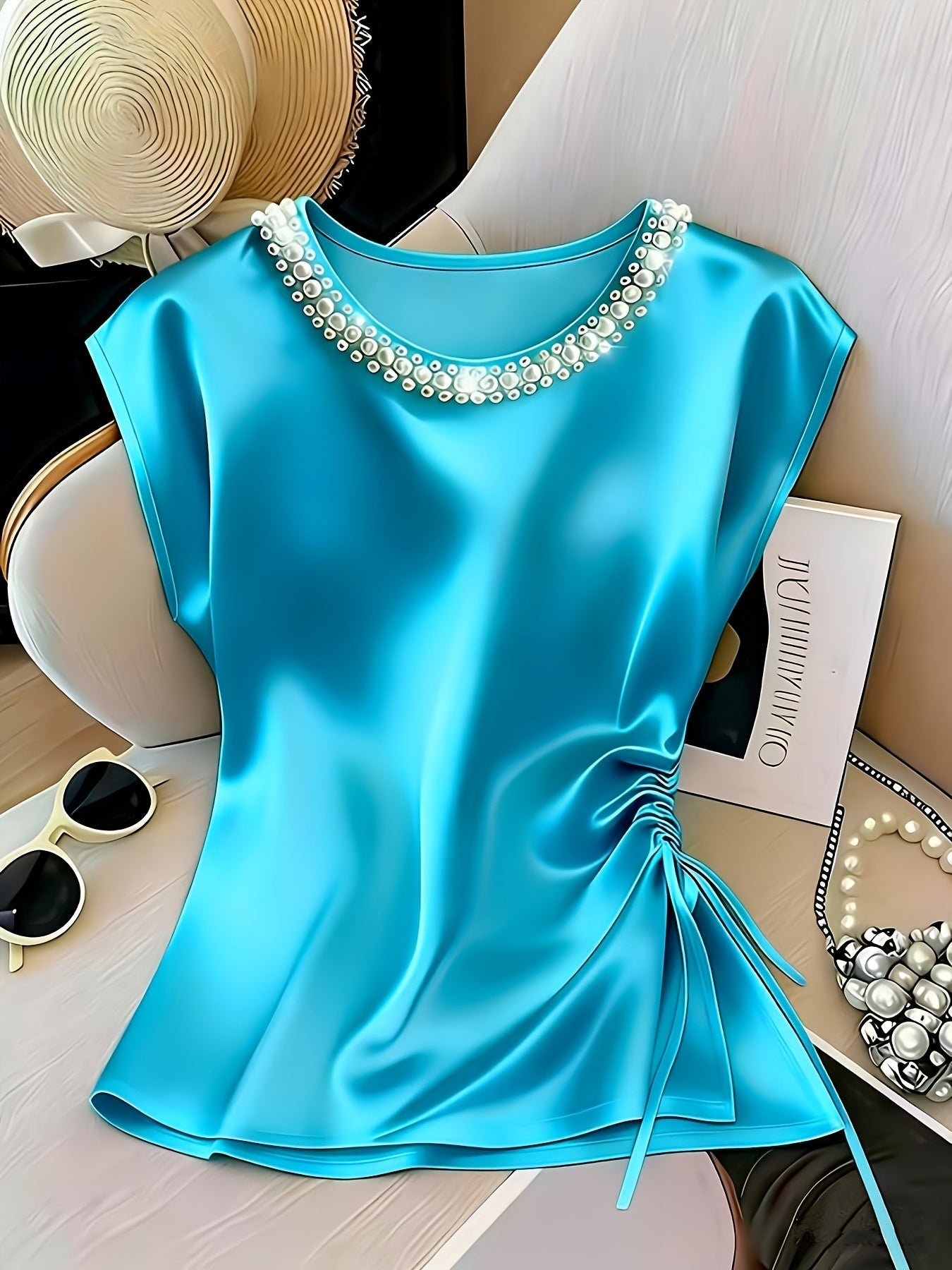 Damen Elegante Satinbluse mit Perlenkragen und Raffdetails – Stilvolle Kurzarm-Bluse für festliche Anlässe