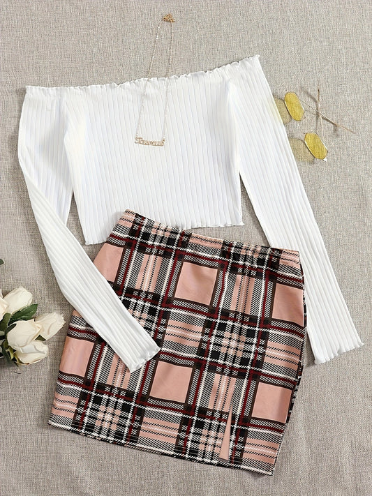 Damen Off-Shoulder Zweiteiler Set – Elegantes Oberteil mit Falten & Karierter Minirock – Perfekt für Frühling und Sommer