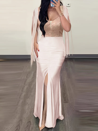Damen Abendkleid Elegant mit Fransenärmeln und hohem Schlitz – Perfekt für festliche Anlässe