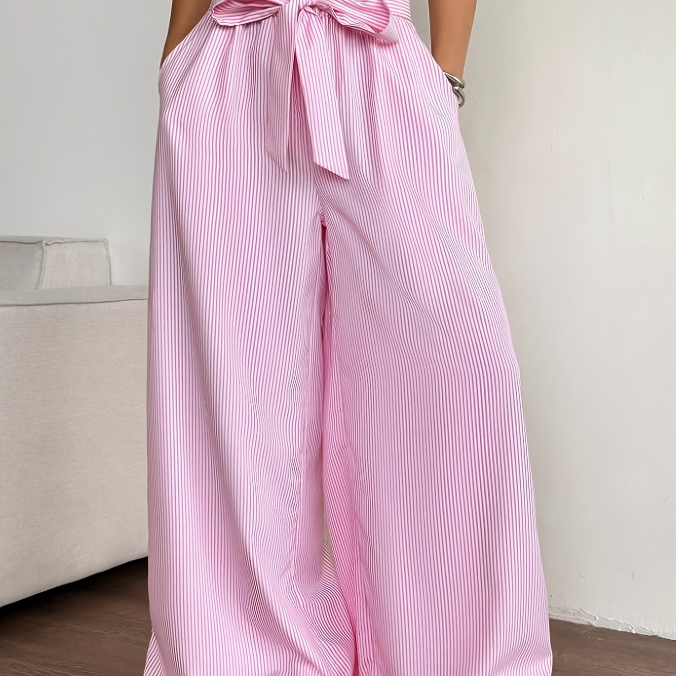 Damen Weite High-Waist Hose mit Schleifenbund und Streifen – Eleganter Alltags- und Freizeitstil