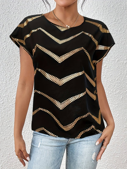Damen Elegantes Batwing Top mit Metallic-Zickzackmuster für Alltag und Party