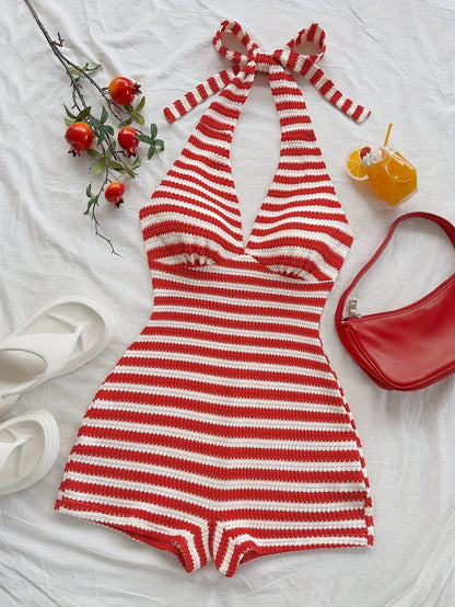 Damen Jumpsuit im Retro-Streifenlook mit Halterneck – Stilvoller Einteiler für Sommer, Strand und Freizeit
