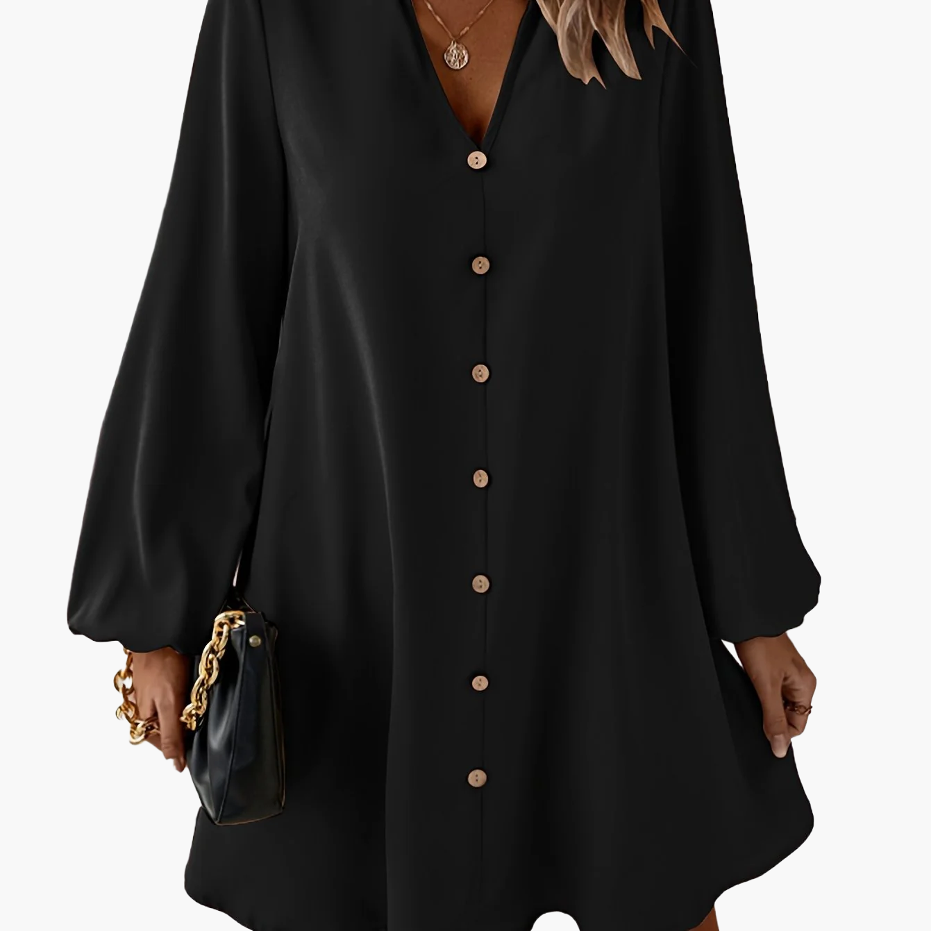 Damen Shirtkleid Elegant Locker Freizeit V-Ausschnitt Knopfleiste