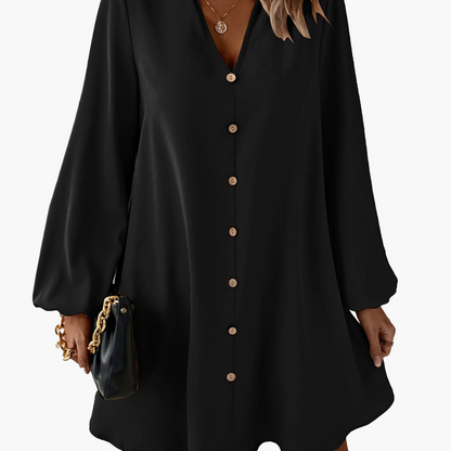 Damen Shirtkleid Elegant Locker Freizeit V-Ausschnitt Knopfleiste