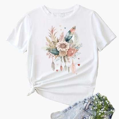 Damen T-Shirt mit Blumen- und Federprint, Casual Style, Ideal für Sommer und Freizeit