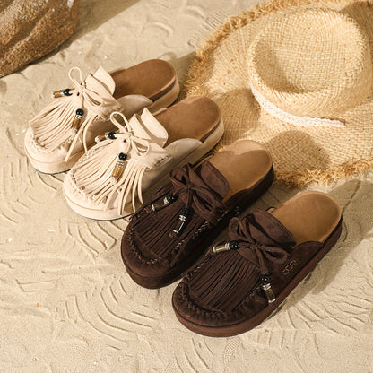 Damen Mokassin Hausschuhe mit Fransen und Perlen – Bequeme Vintage Slipper für Alltag und Freizeit