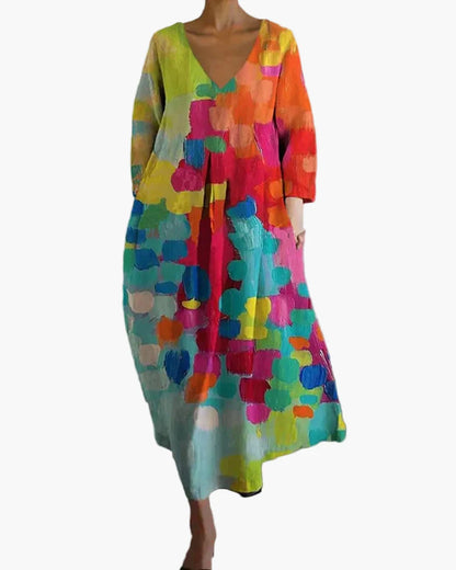 Damen Boho Maxikleid mit V-Ausschnitt – Künstlerischer Freizeit-Look für Alltag & Events