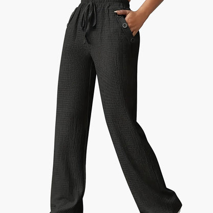 Damen Freizeithose mit weitem Bein und Knopfdetails – Stilvolle Loungehose für Alltag und Freizeit