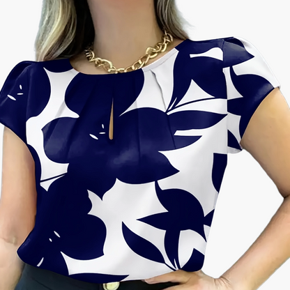 Damen Bluse mit abstraktem Muster und Falten-Detail – Elegante Sommer-Office-Mode