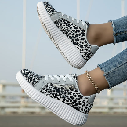 Damen Plateau-Sneaker mit Leopardenmuster und Reißverschluss – Modische Freizeitschuhe für Alltag und Ausgehen