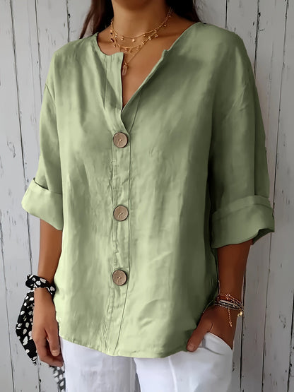 Damen Leinenbluse mit Knopfleiste und 3/4 Ärmeln – Eleganter Freizeit-Look für Alltag und Büro