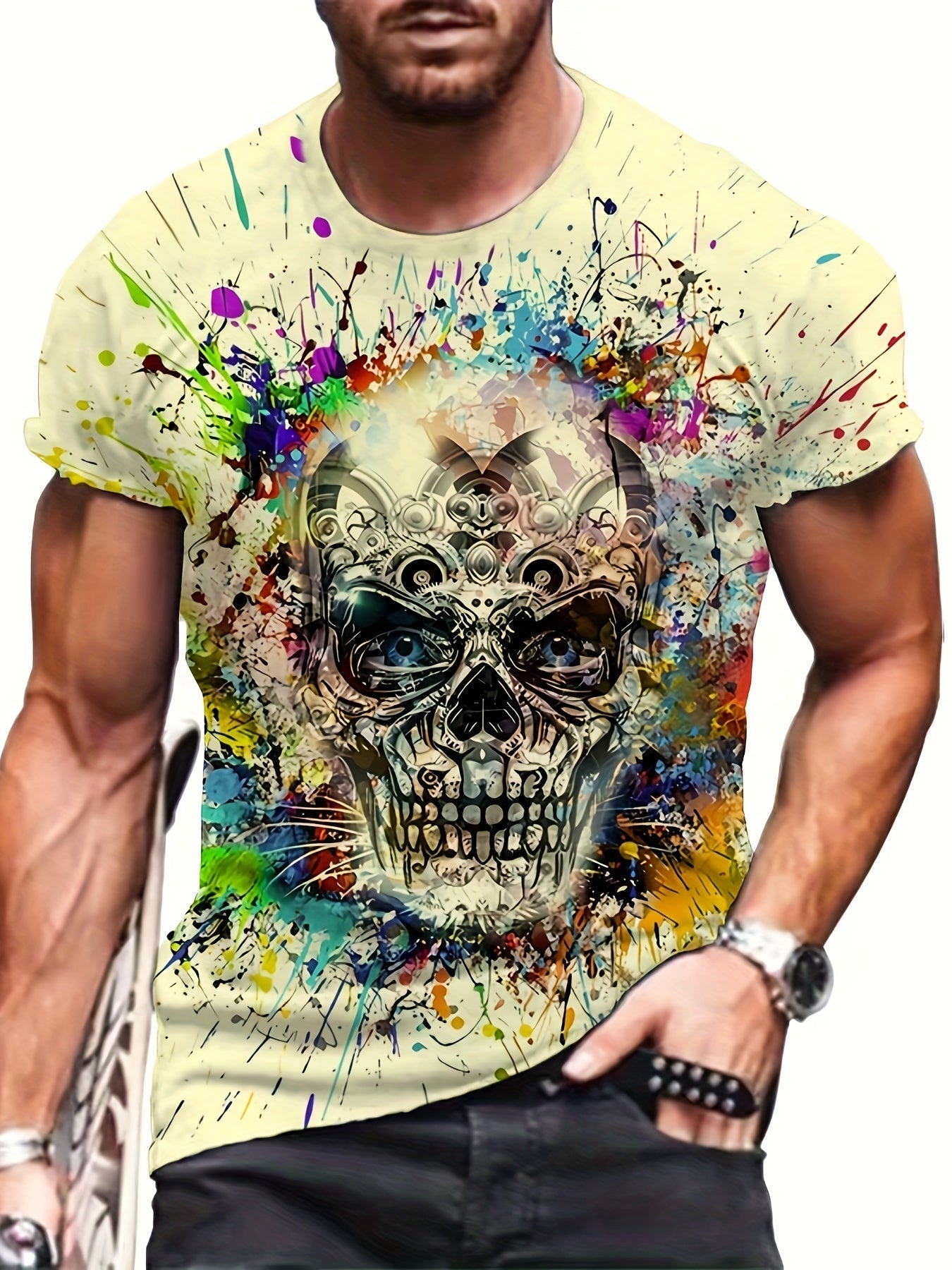 Herren T-Shirt mit Totenkopf-Grafik und Farbspritzer-Design – Urban Streetwear für große Größen