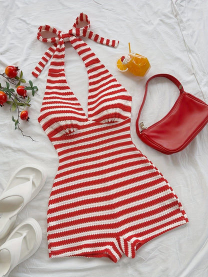 Damen Jumpsuit im Retro-Streifenlook mit Halterneck – Stilvoller Einteiler für Sommer, Strand und Freizeit