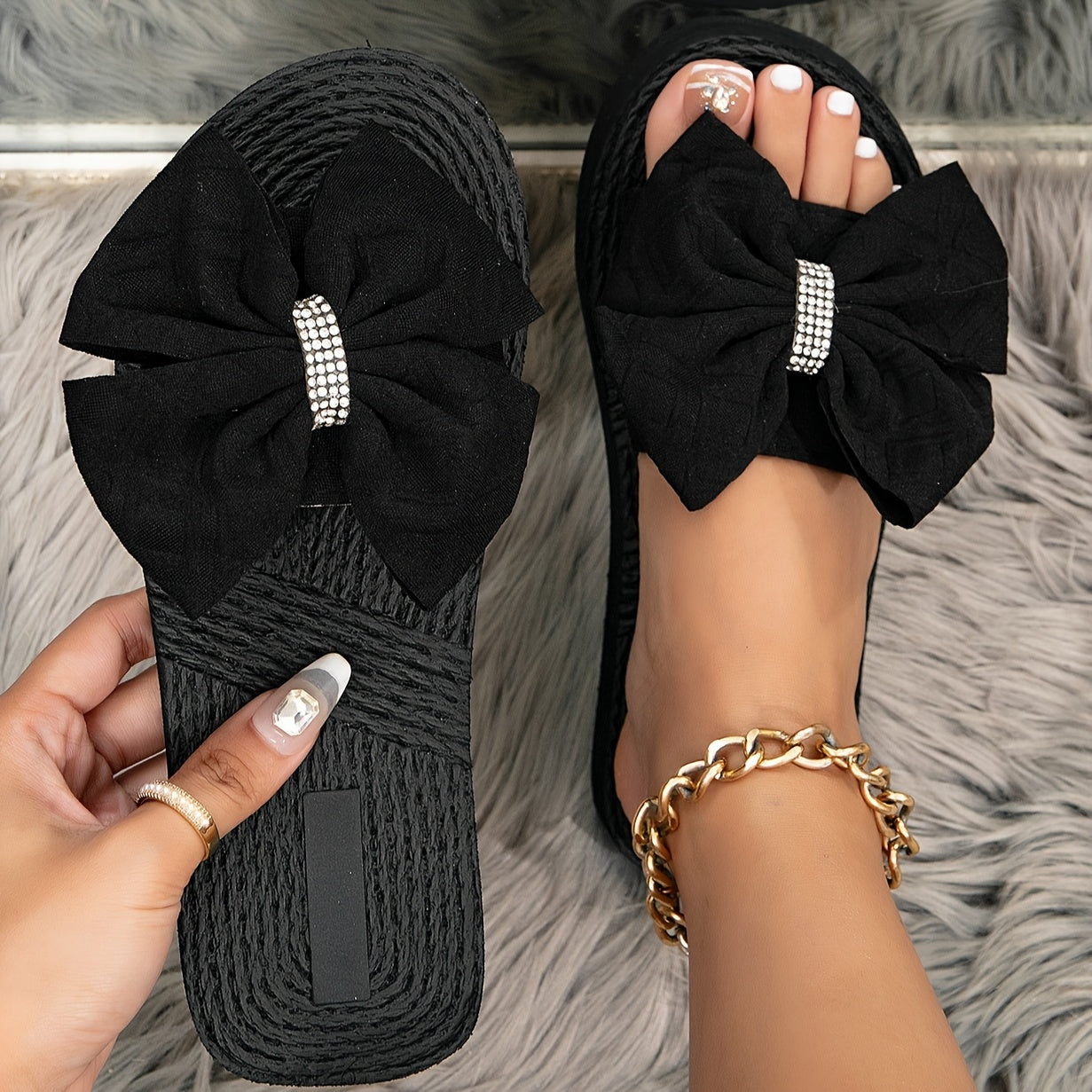 Damen Sandalen mit großer Schleife und Strass – Elegante Slides für Freizeit und Alltag