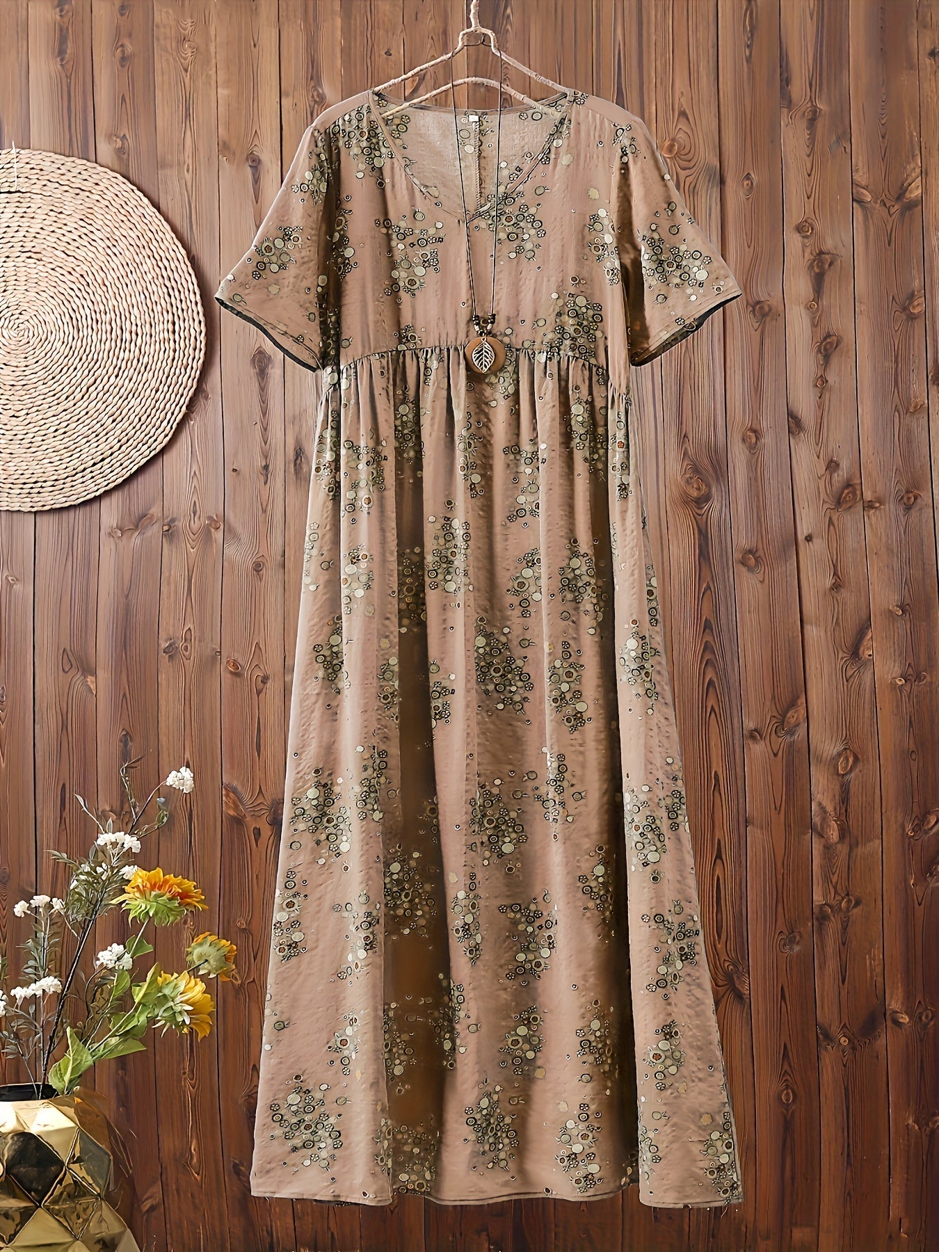 Damen Maxikleid Boho-Stil Vintage Tunika Sommerkleid mit Blumenmuster