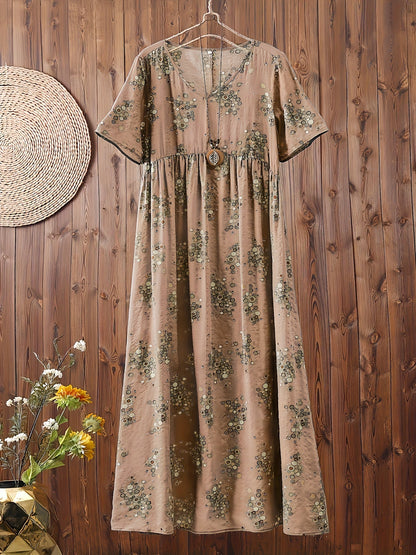 Damen Maxikleid Boho-Stil Vintage Tunika Sommerkleid mit Blumenmuster
