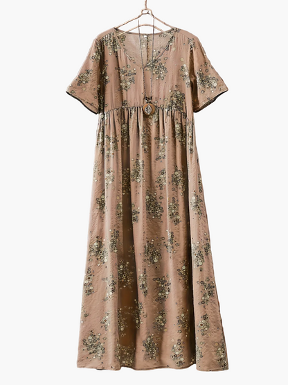 Damen Maxikleid Boho-Stil Vintage Tunika Sommerkleid mit Blumenmuster