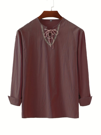 Herren Vintage Tunika mit Schnürung und geometrischer Stickerei – Freizeit & Alltag