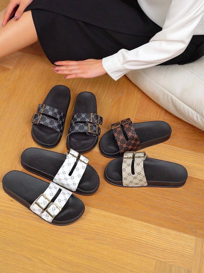 Damen Komfort-Slides mit Doppelriemen und modischem Muster – Stilvolle Freizeitsandalen für Alltag und Urlaub