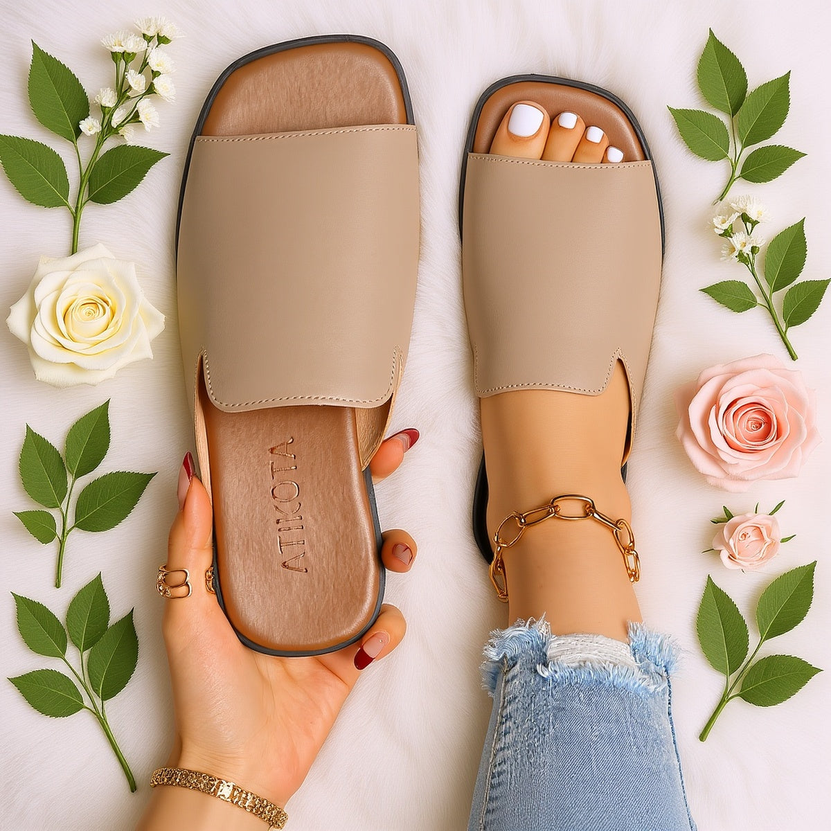 Damen Slip-On Sandalen mit eckiger Spitze – Moderner Look für Alltag und Freizeit