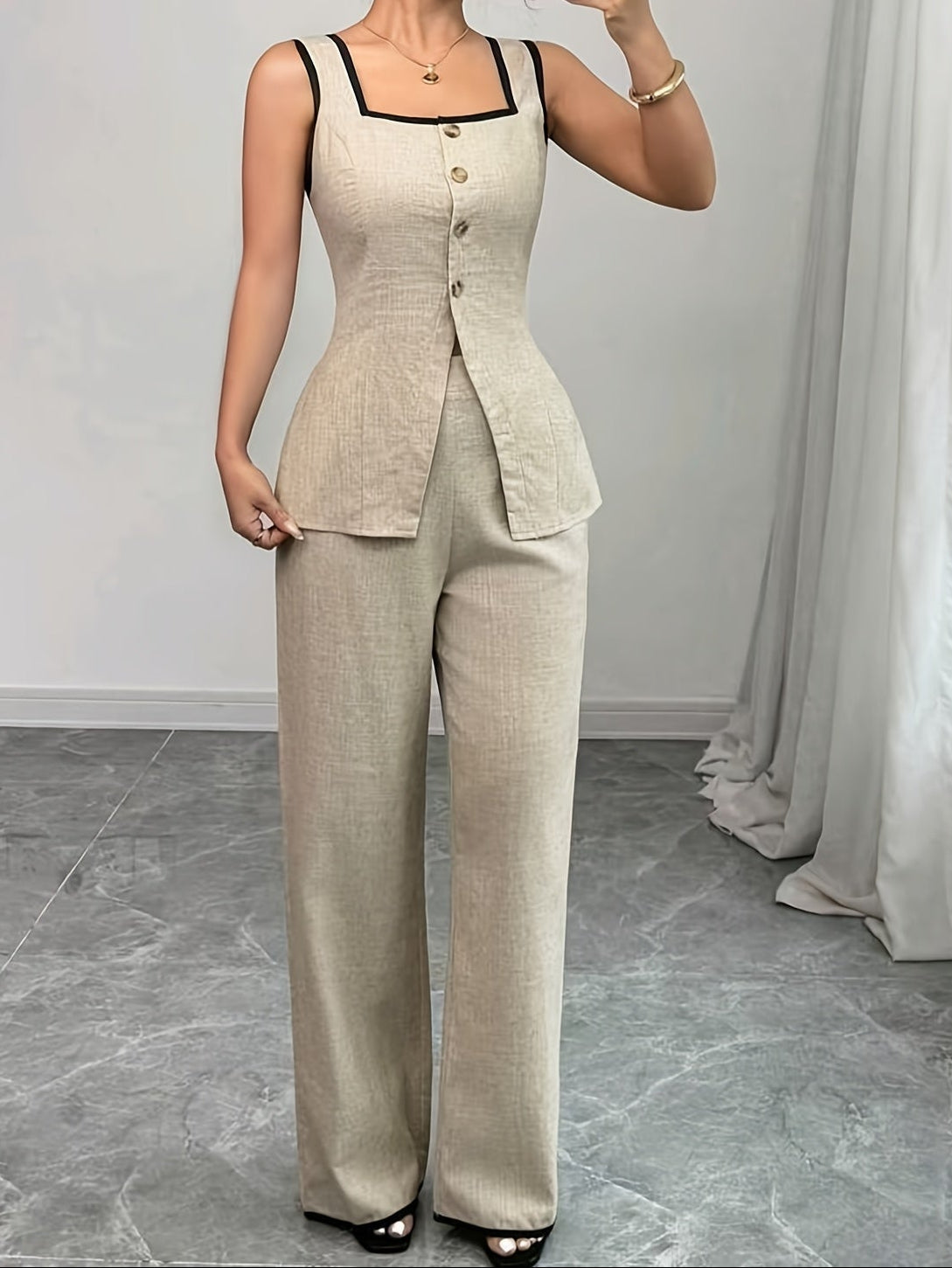 Damen Eleganter Business Zweiteiler Anzug mit Knopfleiste – Blusentop und Weite Hose für Büro & Alltag