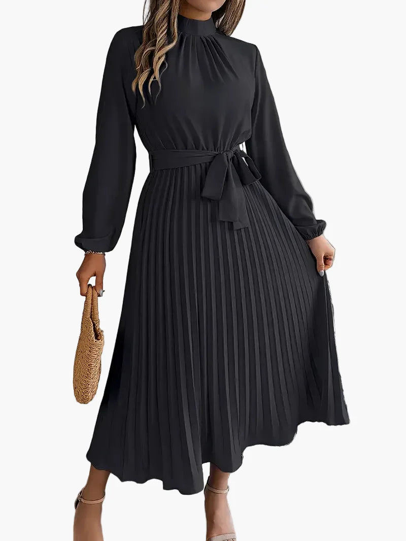 Damen Plisseekleid mit langen Ärmeln und Bindegürtel – Elegantes Midikleid für festliche Anlässe