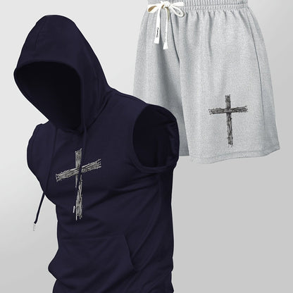 Herren Fitness Set mit Kapuzen-Ärmelloshirt und Shorts mit Kreuz-Print – Sportlicher Streetstyle Zweiteiler