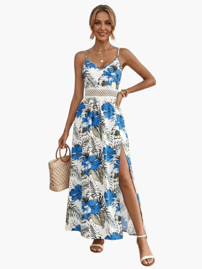 Damen Maxikleid mit tropischem Blumenmuster und Spitzendetail – Elegantes Sommerkleid für Urlaub & Freizeit