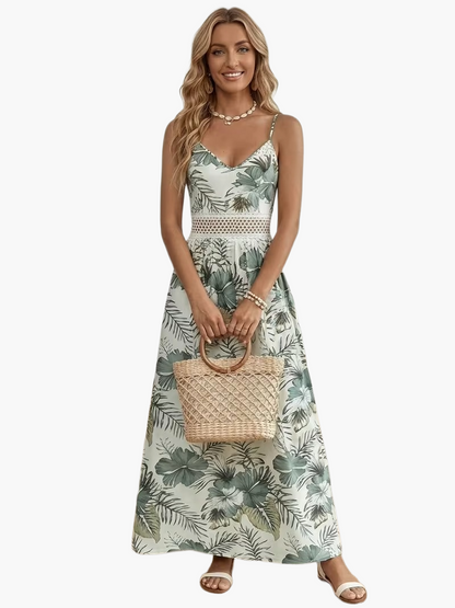 Damen Maxikleid mit tropischem Blumenmuster und Spitzendetail – Elegantes Sommerkleid für Urlaub & Freizeit