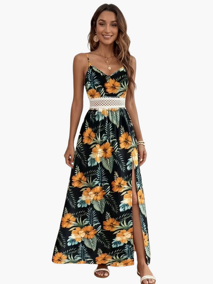 Damen Maxikleid mit tropischem Blumenmuster und Spitzendetail – Elegantes Sommerkleid für Urlaub & Freizeit