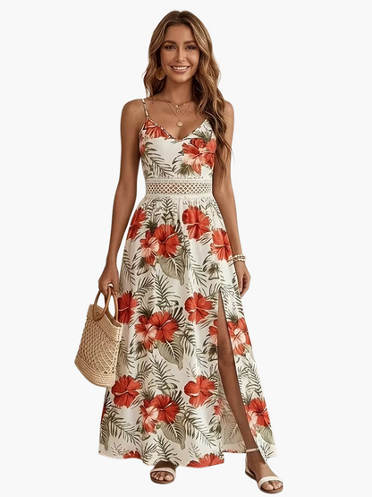 Damen Maxikleid mit tropischem Blumenmuster und Spitzendetail – Elegantes Sommerkleid für Urlaub & Freizeit