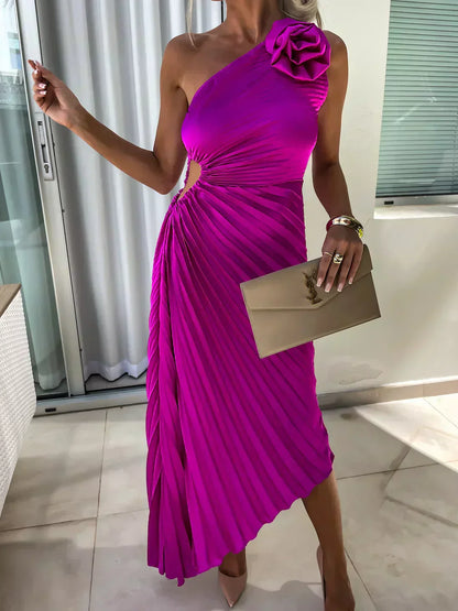 Damen Elegantes One-Shoulder Plissee-Kleid – Festliches Abendkleid für besondere Anlässe