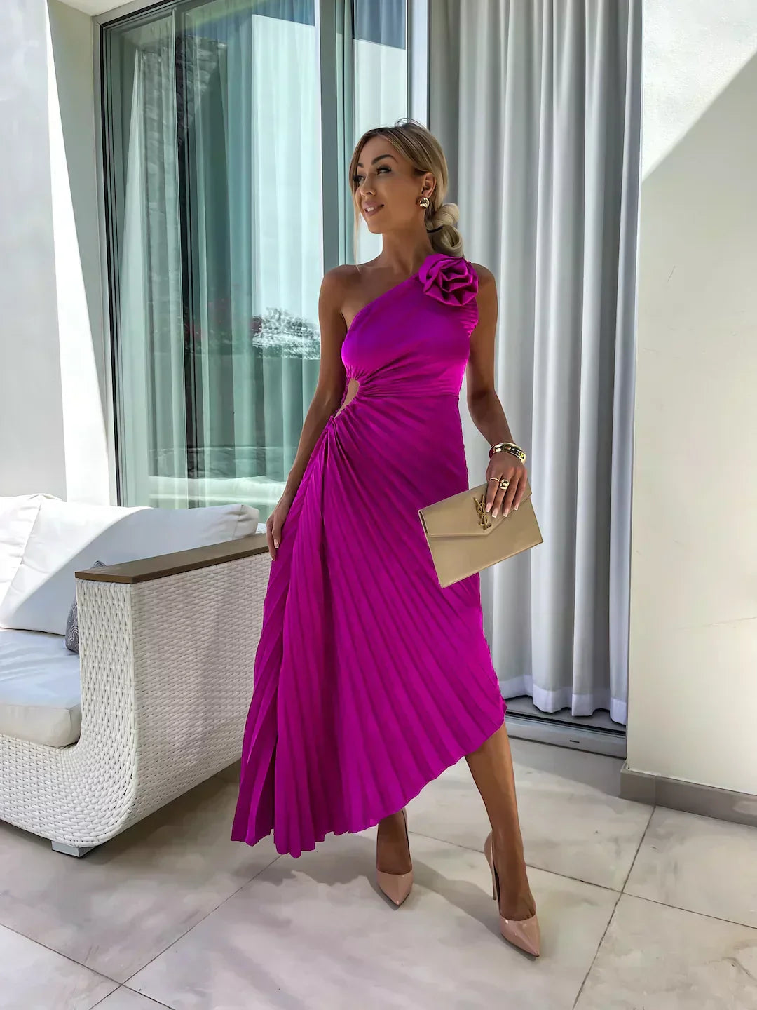 Damen Elegantes One-Shoulder Plissee-Kleid – Festliches Abendkleid für besondere Anlässe