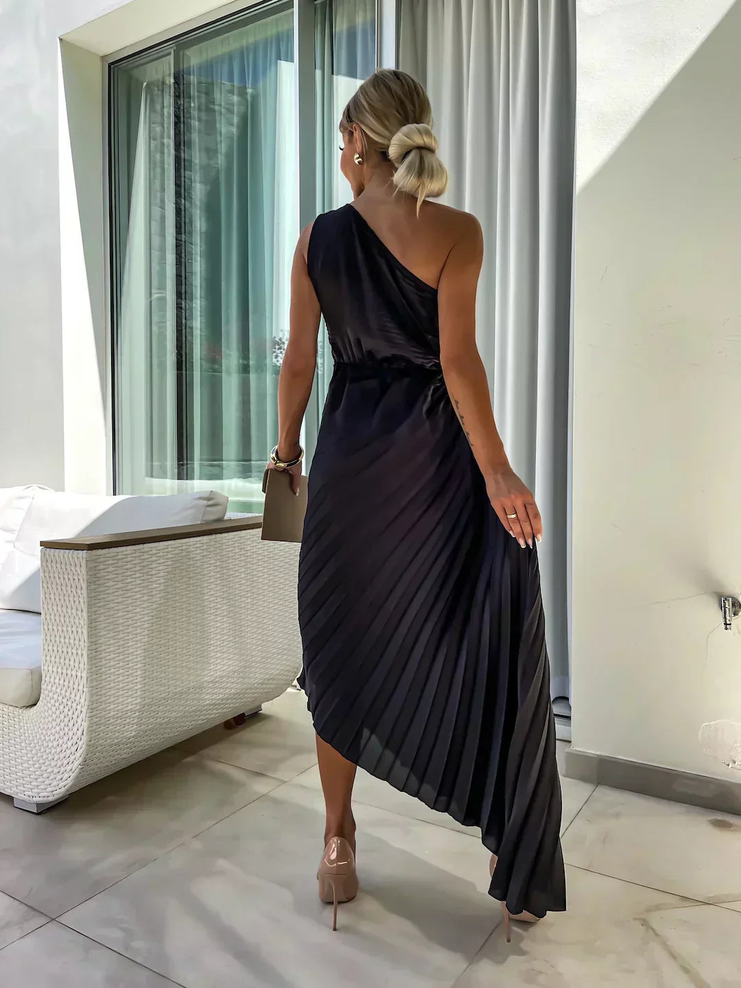 Damen Elegantes One-Shoulder Plissee-Kleid – Festliches Abendkleid für besondere Anlässe
