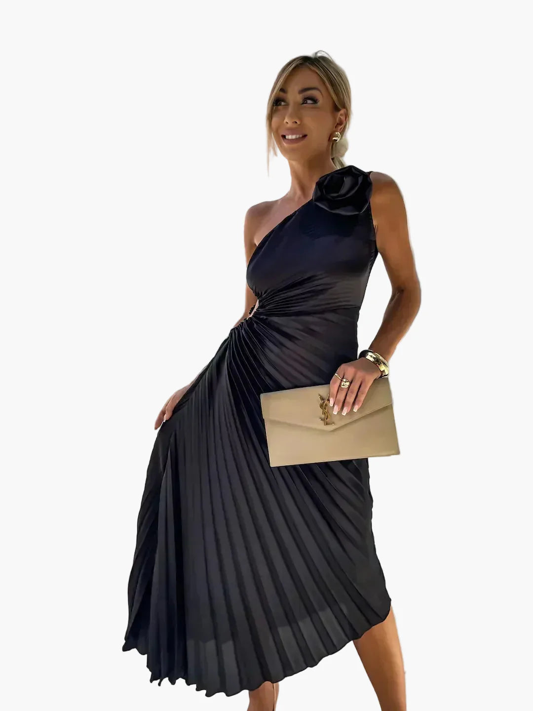 Damen Elegantes One-Shoulder Plissee-Kleid – Festliches Abendkleid für besondere Anlässe