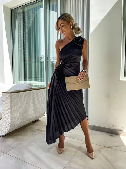 Damen Elegantes One-Shoulder Plissee-Kleid – Festliches Abendkleid für besondere Anlässe